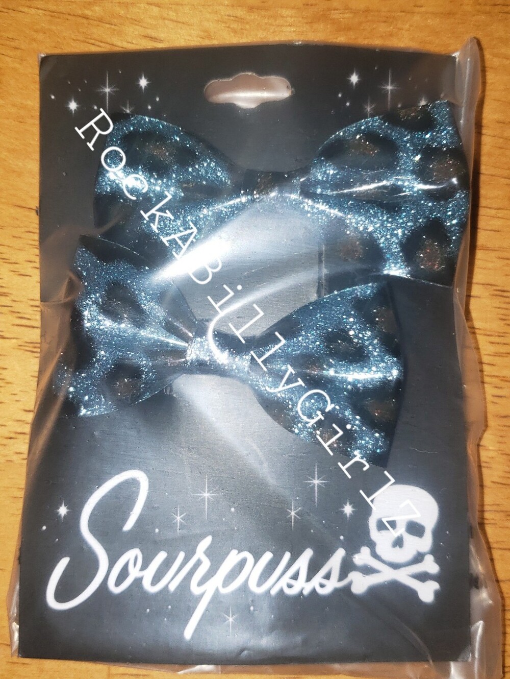 Sourpuss Blue Leopard Glitter 2.5" x 1.25"  RockABilly Vinyl Hair Bows 2pc Set